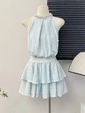 Yipinpay Two Piece Set Women Sleeveless Blouse Embroidery Lace Tank Tops Sexy Sweet Camis Ruffles Mini Skirts Female Elegant Suits