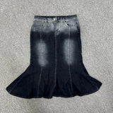 Yipinpay Fashion High Waist Fishtail Spliced Washed Denim Skirt for Women Spring 2024 New Retro Slim Long Skirt Women Clothing