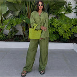 Yipinpay Geometry Print Long Pants Sets For Women Lapel Long Sleeve Single Breasted Shirt Wide Leg Pant 2 Piece Set Lady Street Suits