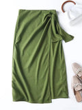 Yipinpay 2024 New Women Green Linen Cotton Wrap Midi Skirt Vintage Ladies High Waist Summer Faldas Mujer