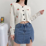 Yipinpay Neck Cropped Cardigan Embroidered Cherry Sweater Feminino Kawaii Long Sleeve Top Pull Femme Y2k Sueter Mujer Knit Coat