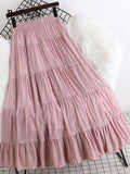 yipinpay 2023 Summer Long Skirt Women Simple Casual Lace Patchwork Pleated High Waist Midi Skirts A-line Swing Faldas Jupe Pink