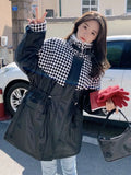 Yipinpay Plush High Neck Black Houndstooth Jacket Femme Faux Leather PU Loose Checkerboard Coat Winter Clothes Y2k Parkas