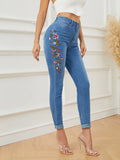 Yipinpay Winter New High Waist Embroidered Jeans for Women Fashionable Stretch Slim Ankle-Length Denim Pencil Pants S-XL