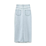 Yipinpay 2024 Women Light Blue Front Slit Denim Skirt Vintage High Waist Unfinished Hem Female Midi Skirts