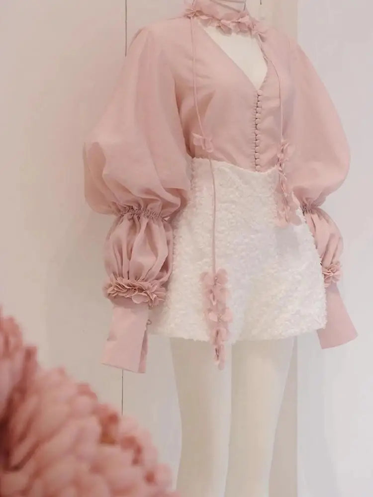 Yipinpay Sets Korean Lace Up Pink Chiffon Shirt Spring Summer 2 Piece Outfit Sets Flower Top Tassel Shorts Wide Leg Short Pants 0406