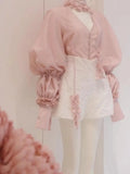 Yipinpay Sets Korean Lace Up Pink Chiffon Shirt Spring Summer 2 Piece Outfit Sets Flower Top Tassel Shorts Wide Leg Short Pants