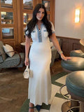 Yipinpay Denim Patchwork Knitted Maxi Dress Women¡®s Short Sleeve Slim Bodycon Long Dress Elegant Lady Holiday Street Party Robe
