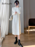yipinpay White Oversized Sweater Midi Dresses for Women Plain Retro Twisted Thicken Stylish Knitted Dress Women Split Warm Robe