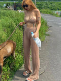 Yipinpay Women Summer Design Knitted Set Sexy Backless Halter Short Tops+Chic Hollow Knitted Wide Leg Long Pants Two Piece Suit