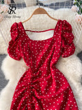 Yipinpay Square Collar Polka Dot Dress Women Short Puff Sleeves 2024 New Ssummer Beach Sundress French Sweet Chiffon Long Dress