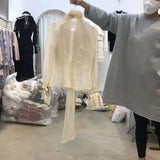 Yipinpay Femininas Elegantes Stand Neck Bow Ruffle Long Sleeve Casual Shirt Top Women Perspective Black Mesh Shirts Blouse