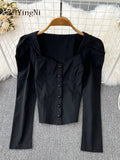 yipinpay Women's Sexy Shirts Long Sleeve Vintage Y2K Square Collar Elegant Slim Blusas Ladies OL Trendy Ruched Crop Top Female
