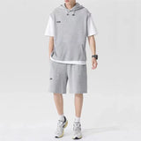 Yipinpay Men's Large Size Sports Suit Breathable Casual Wear Wild High Street Chic Fake Two-piece Casual T-shirt + Simple Shorts