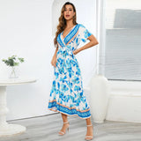 Yipinpay Summer New Large Size Retro Exotic Printed Long Dress Bohemian Seaside Vacation Beach Dress Women