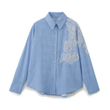 Yipinpay Spring 2024 Women Embroidered Flower Striped Shirt Blouse Long Sleeve Lapel Collar Fashion Streetwear ropa de mujer