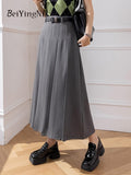 yipinpay Elegant High Waist Suit Skirts Women With Belt Chic Casual Korean Fashion Black Slim Office Ladies A-line Skirt Summer