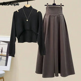 Yipinpay Spring Autumn New Korean Elegant Knit Tassel Cover Up+Half High Collar Bottom Sweater+Midi Skirt 3 Piece Women Dress Suit