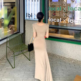 Yipinpay All-match Summer Khaki V Neck Side Pleated Split Dress Women Modal Cotton Slim High Waist Mid Black Tshirts Vestido