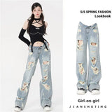 Yipinpay Korean Fashion Loose Jeans for Women Denim Hole Broken Retro Streetwear Spicy Girls Wide Leg Cargo Pants Women Clothing