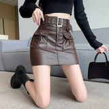 Yipinpay Sexy Skirts Women Autumn Winter Fashion PU Leather Pockets High Waist Slim Solid Mini Skirt Female Streetwear Casual