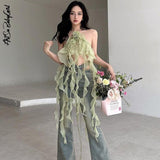 yipinpay Women's Tube Tops Off Shoulder Tank Top Ruffles Ribbon Streetwear Y2k Clothes Summer Halter Neck Crop Top Sleeveless Tanks Camis