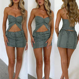 Yipinpay Fashion Womens Summer 2PCS Outfit Sets Gray Sleeveless Off Shoulder Tops + Mini Drawstring Skirt Club Street Style S-XL