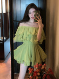Yipinpay Dresses Women Off Shoulder Slash Neck Ruffles Sexy Spring Summer Patchwork Solid Loose Elegant Mini Dress Ladies Fashion
