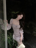 Yipinpay Sexy Dresses Women Bandage Square Collae Pile Up Sleeve Drawstring Solid Slim Elegant Mini Dress Ladies Vintage Fashion