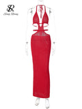 Yipinpay Spaghetti Strap Knitted Beach Long Dress Summer Vintage Hollow Out Sheath Sundress 2024 Elastic Backless Sexy Dress
