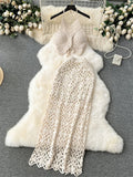Yipinpay Beachwear Sexy Two Pieces Sets Women Halter Backless Camisole+Hook Flower Hollow Skirt Fashion Vintage Knitted Suit