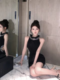 Yipinpay Elegant Mini Dresses Women Rhinestone Hollow Out French Style Ruffled Collar Slim Sleeveless Off Shoulder Black Sexy