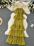Yipinpay 2024 Women Hotsweet Chiffon Sundress Strap Cake Backless Sheath Bodycon Long Dress Vacation Retro Elastic Beach Dress