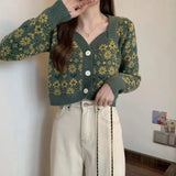 Yipinpay floral short knitted cardigan women autumn 2024 sweater jacket design sense long sleeve v neck cardigan sweater female