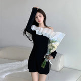 Yipinpay Slash Neck Off The Shoulder Ruffle Wrap Hip Long Sleeve Mini Black Dress Women Bodycon Slim Vestidos Mujer Gauze 2023 Fall