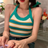 Yipinpay Women Sexy Backless Vest, Stripe Pattern Halter Neck Sleeveless Crop Tops, Blue/ Green