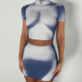 Yipinpay Fashion Women Summer 2-Piece Outfits Tie-Dye Print Short Sleeve T-Shirt And Elastic Mini A-Line Skirt Beach Clubwear S M L