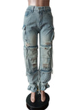 Yipinpay Simenual 2000s Aesthetics Multi Pockets Loose Denim Long Pants Casual Grunge Punk Holes Straight Trousers Y2K Streetwear Jeans