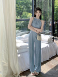 Yipinpay Lady Elegant Hanging Neck Off Shoulder Round Neck Jumpsuit Women's Sleeveless High Waist Slim Fit Wide Leg Jumpsuit Pants