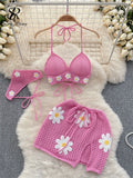 Yipinpay Korean Hollow Out Knitted Suits Women Halter Lace Up Bow Backless Tank Top+Drawstring Split Mini Skirt Two Pieces Sets