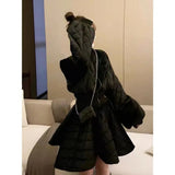 Yipinpay Cotton-padded Puff Sleeve Black Parkas Autumn Winter Clothes Crop Jacket Top Mini Pleated Skirt Female Coat Skirts Sets