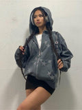 Yipinpay Printed Y2k Zip Up Hoodie Women and Men Vintage Casual Star Printed Loose Long Sleeve Hoodie Cardigan Hip Hop Streetwear