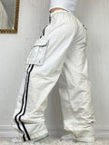 yipinpay Jeans White Pant Low Rise Cargo Pants Women Jogging Lace Up Wide Leg Pant Side Stripe Streetwear Loose Denim Trousers