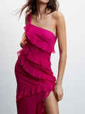 Yipinpay Fashion Women Slip Dress Sleeveless One-Shoulder Ruffled Slip Dress Summer Long Slit Dress For Cocktail Party Street Style