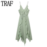 Yipinpay Green Ruffle Dress Woman Chiffon Slip Long Dress Women Asymmetric Backless Sexy Party Dresses Midi Holiday Summer Dresses