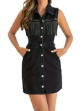 Yipinpay New Women Summer Black Beaded Tassel Denim Dress Fashion Slim Sleeveless Mini Jeans Dress Casual Clothing S-2XL