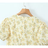 Yipinpay New Women Vintage Puff Short Sleeve V Neck Yellow Floral Print Dress Pleated Hem Female Holiday Summer Mini Robe