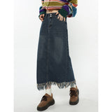 yipinpay Women Blue Denim Half Body Skirt Tassels Bottoms High Waist Casual Korean Mid Length Skirt Baggy Vintage Female Long Skirt