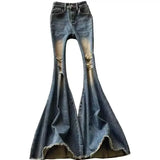 Yipinpay Vintage Perforated Big Flare Jeans Women Autumn New High Waist Spicy Girl Slim Fit Fishtail Floor Dragging Pants Female