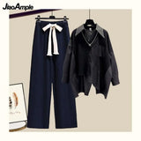 Yipinpay Women's Fashion Set 2024 Spring Autumn New Splicing Shirt+Elastic Waist Wide Leg Pants Two Piece Korean Chic Blouse Trouser Suit